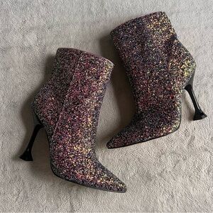 Marc Fisher Stolla Shimmering Glitter Flare Heel Bootie Ankle Boot Black Pink